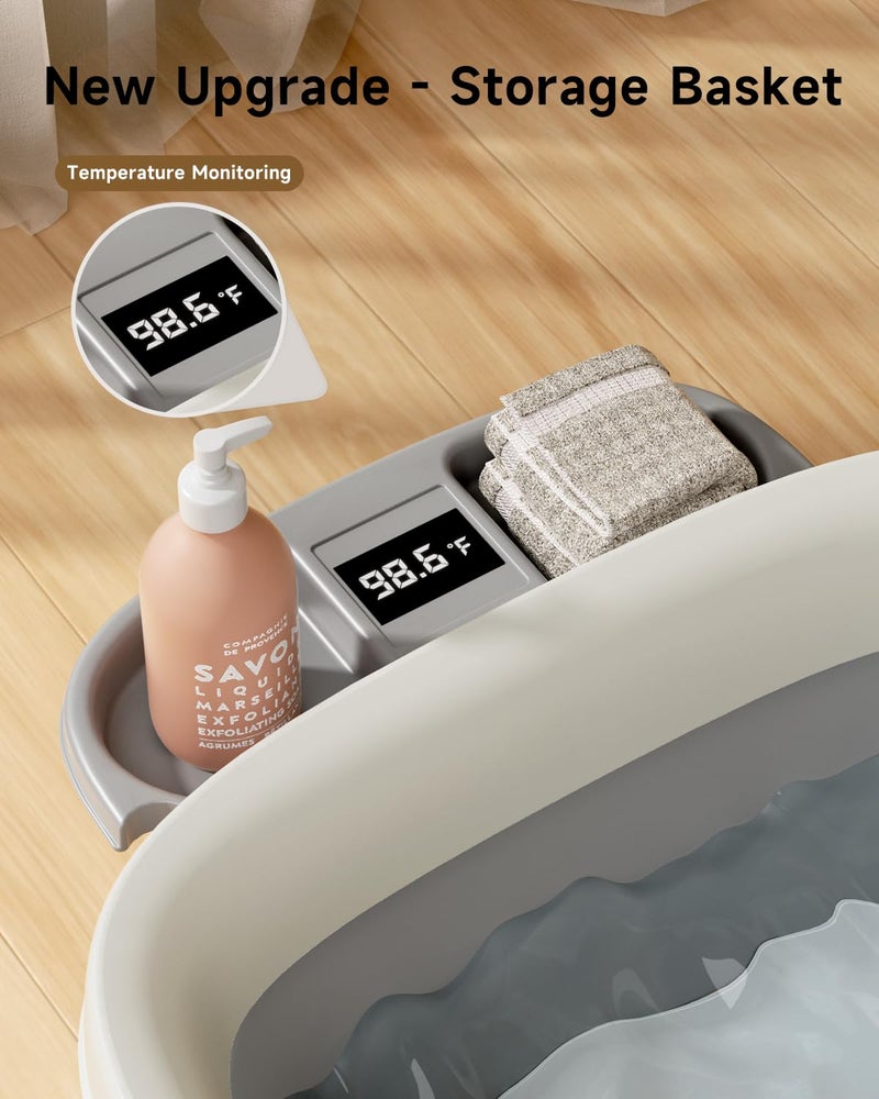EverKiddo Collapsible Baby Bathtub, Large Infant Bath Tub with Thermometer & Cute Soft Cushion for Newborn to 36-Month Toddlers, Storage and Non-Slip Feet Design, Baby Bath Gift (Grey) - Image 2